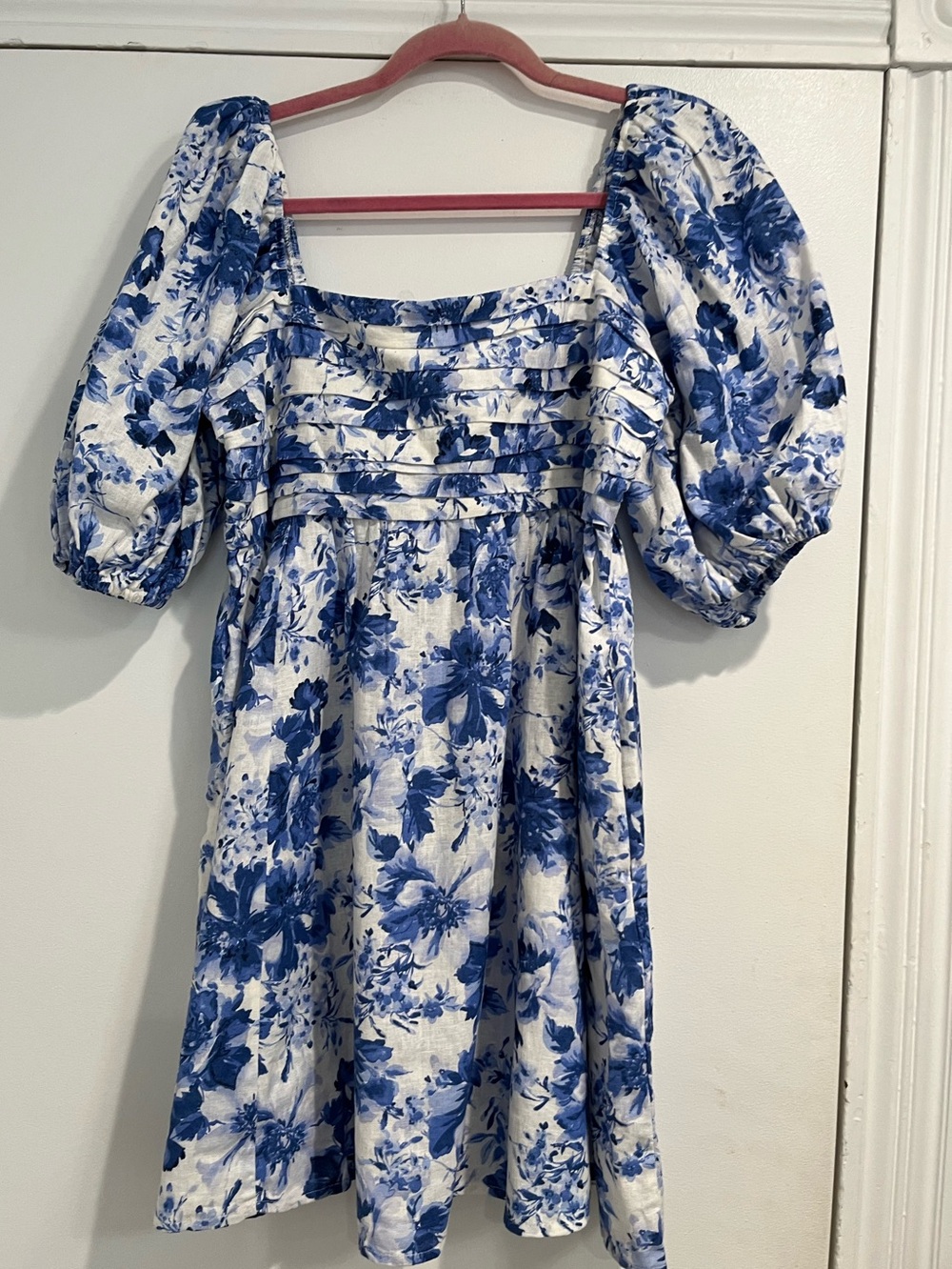 Abercrombie & Fitch Blue Linen Blend Floral Puff-Sleeve Emerson Dress Sz. L - Picture 6 of 14